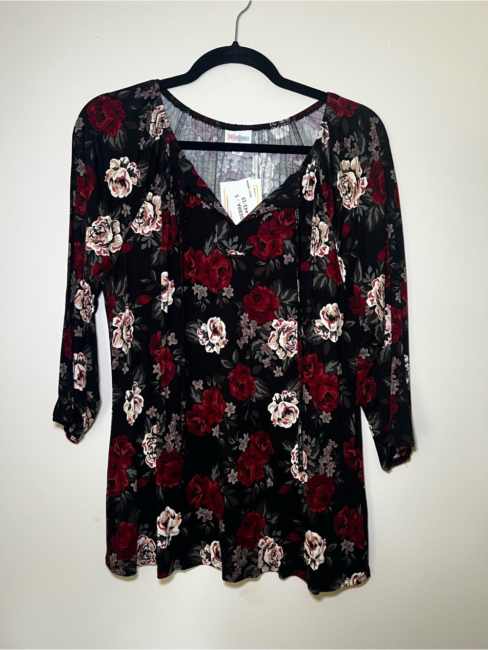 LuLaRoe Debra Black Floral Peasant Top with Red & Cream Roses